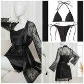 4 Piece Women’s Transparent Net Gown Set – Soft Lace Robe With Silk Inner, Bra & Panty | Free Size - Up To 38 Chest (DC-4052)