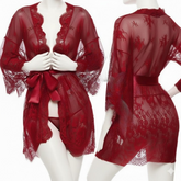 Single Pcs Women’s Net Transparent Sheer Lace Robe Gown – Long Sleeve Free-Size Nightwear With Satin Belt For Elegant And Stylish Comfort (DC-1051) -