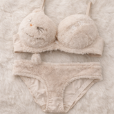 Cute Fur Style Double Padded Woolen Bikini Set – Soft Beige Plush Bra & Panty Lingerie Set -