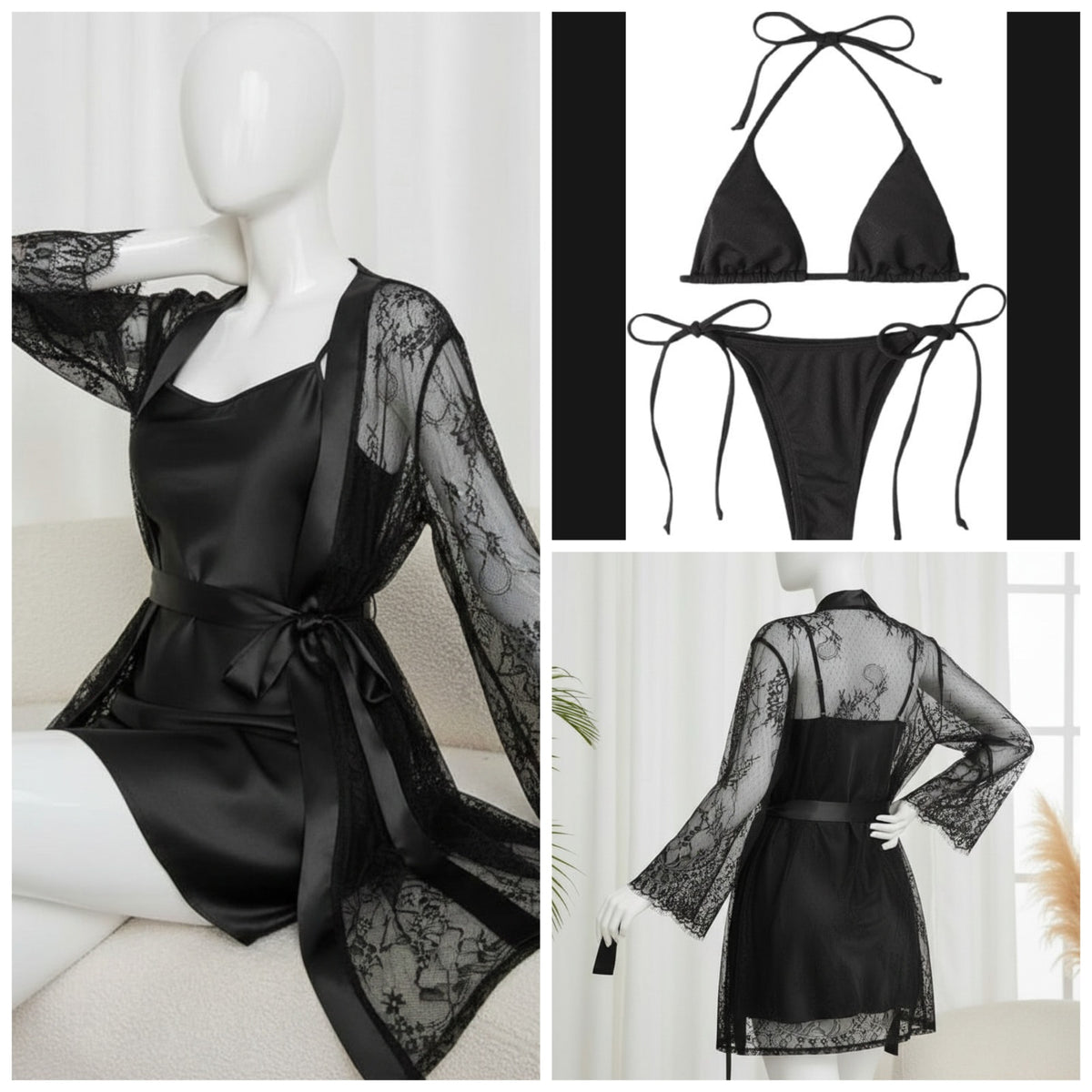 4 Piece Women’s Transparent Net Gown Set – Soft Lace Robe With Silk Inner, Bra & Panty | Free Size - Up To 38 Chest (DC-4052)