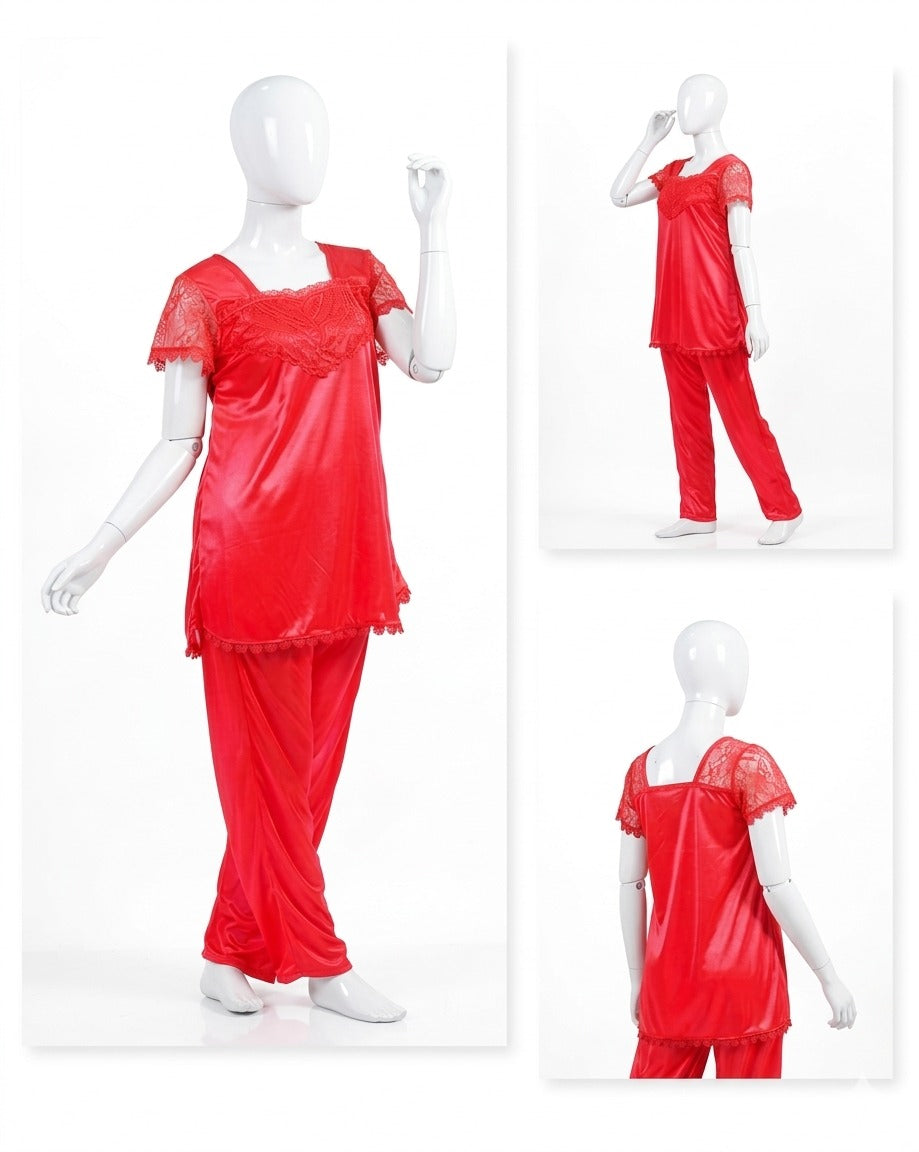 2 Pcs Premium Silk Lace Women's Sleepwear Set T-Shirt & Trouser Nightwear (Free Size) -