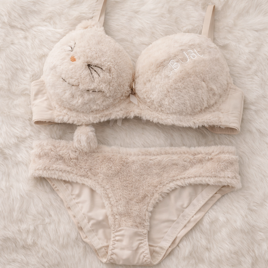 Cute Fur Style Double Padded Woolen Bikini Set – Soft Beige Plush Bra & Panty Lingerie Set -