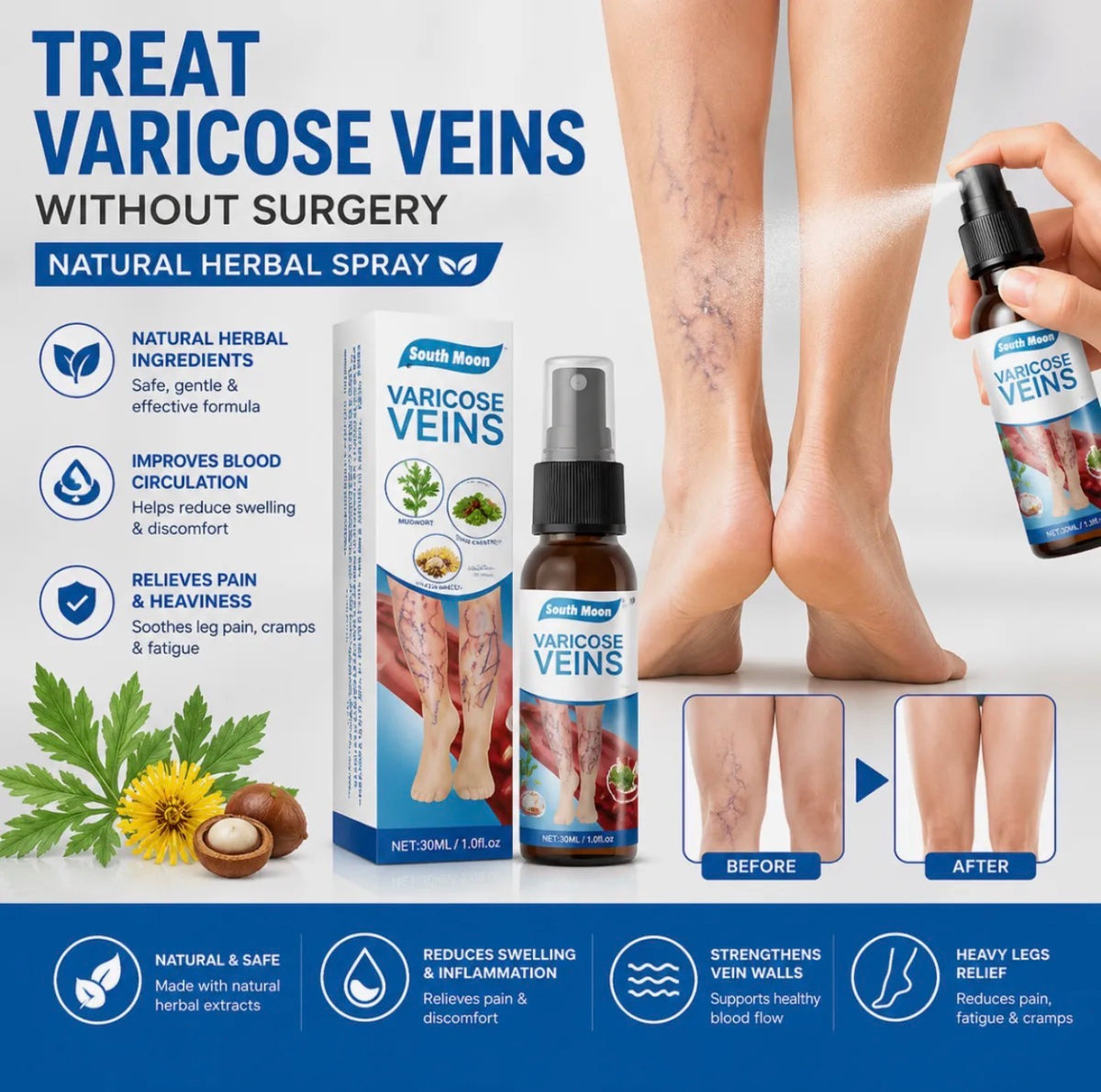 South Moon Vein Care Spray 30ml | Herbal Leg Care Spray for Tired-Looking Legs | Natural Body Care
